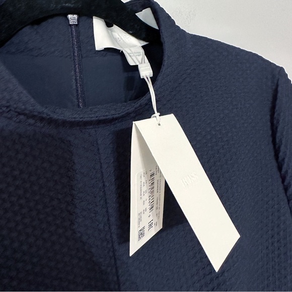 NWT Hugo Boss Davika Mock Neck Textured Sheath Dress in Blue - Picture 5 of 11